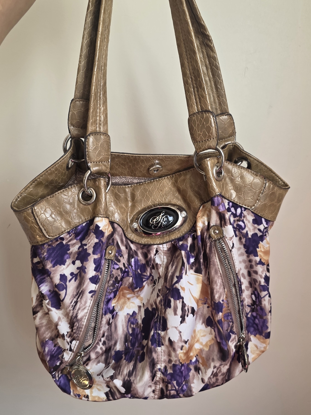 Sienna Ricchi Purple, Tan & Cream Floral Tote Bag